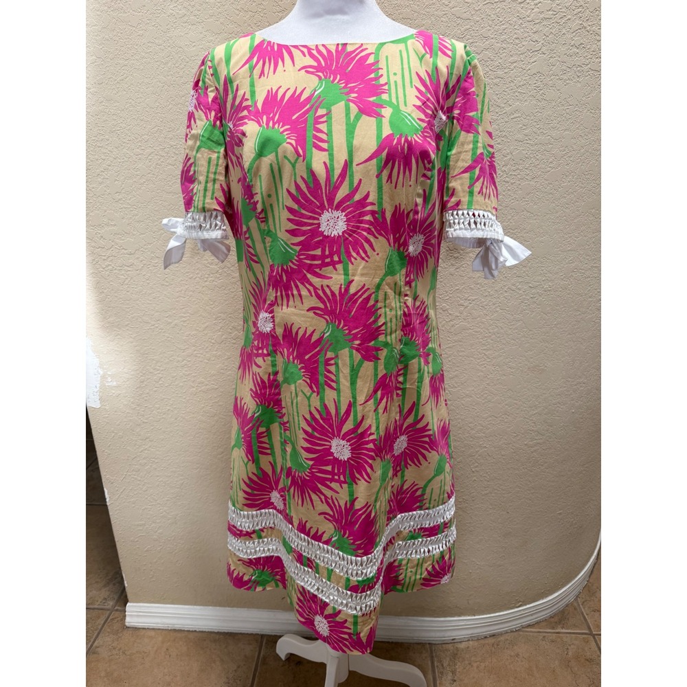Lilly Pulitzer Pink Green Floral Shift Dress Lattice Bow Sleeve Keyhole Back 8
